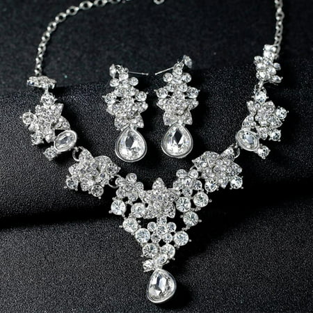 UK 2pcs/set Fashion Bride Wedding Crystal Ear Drop Necklace Suit Accessories